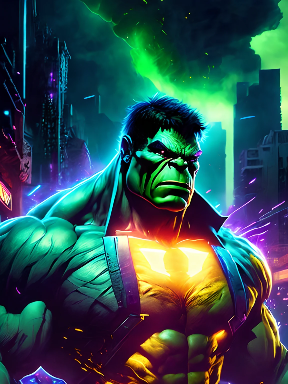 Retro comic style artework, highly detailed Hulk ((emerald red skin)) ((some red details ))with a flash symbol on the chest, with expressionof a lot of anger, huge muscles, with lightning of fire and lightning (high quality and realism) 4k extremely detailed, in the background a city all destroyed, shorts purple color, with belt book cover, symmetrical, vibrant --auto --s2