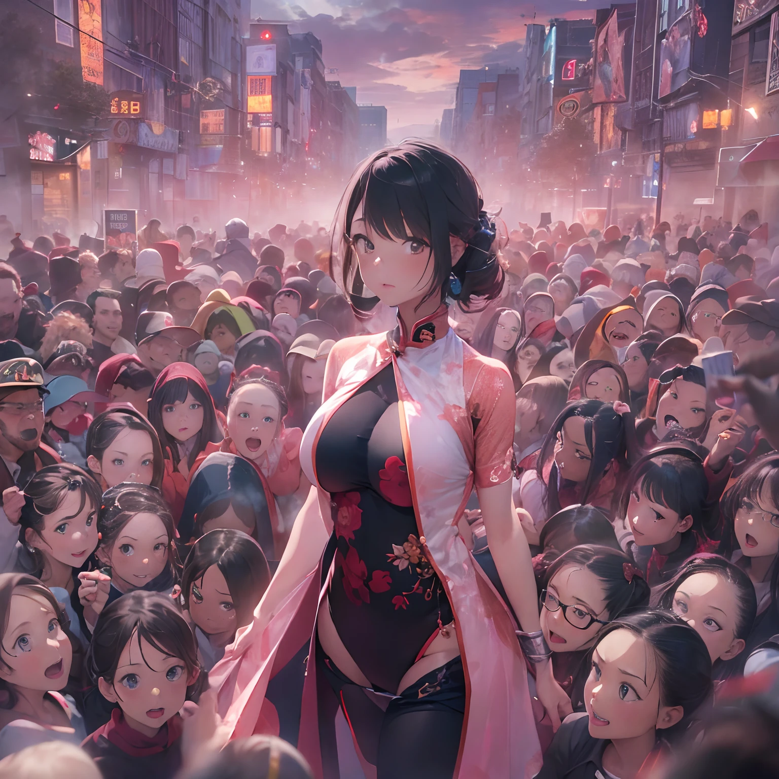 miniGiantess,in city,qipao,stiletto,(extremely huge breast:1.3),(Long legs:1.5),Extremely tall girl,Beautiful looks,(GTS:1.1),ground view,looming,((stepping on tiny men)),rampage,(Full body photo:1.2),group photo,with tiny,((in the crowd)),Black hair, Look at the camera ,torogao, Light blush, surrealism, expressionistic, Contemporary art, Cinematic lighting, 8K, Super detail, hyper HD, Masterpiece, Anatomically correct, Accurate, High details, Best quality, 8K,