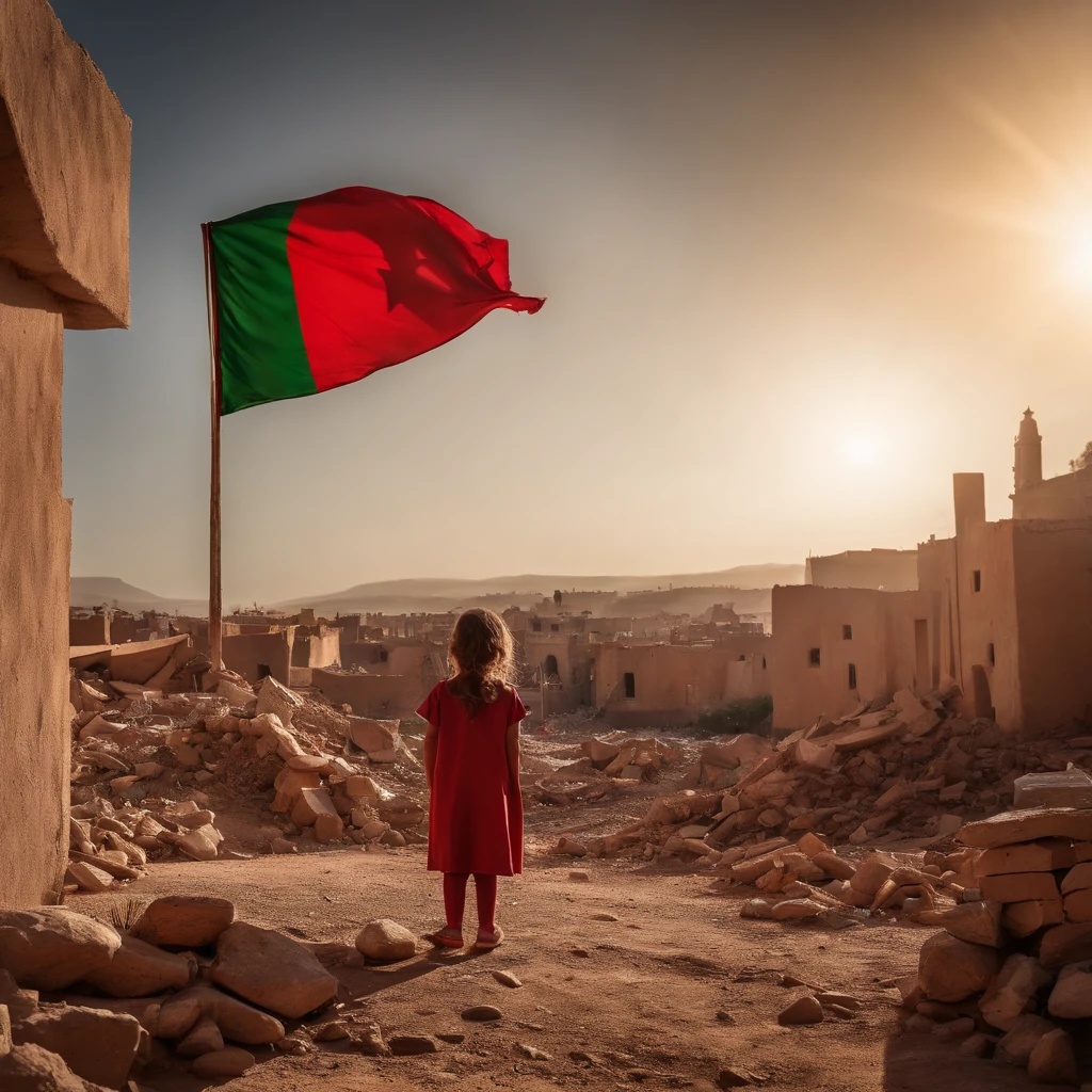 Morocco earthquake view, one from behind holding red Moroccan flag looking at rubble and destruction, somber, hope, sunrays, (masterpiece:1.1) (best quality) (detailed) (intricate) (8k) (HDR) (cinematic lighting) (sharp focus:1.1) small green pentacle