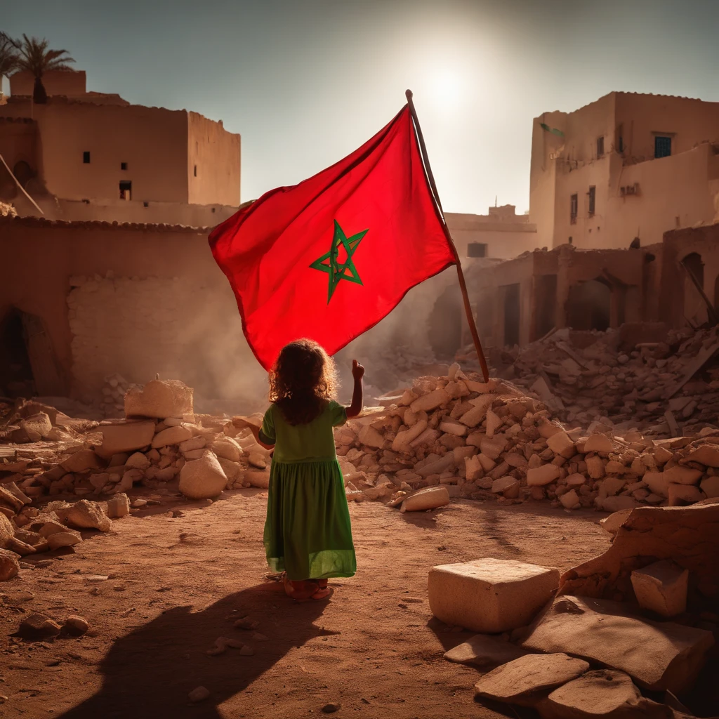 Morocco earthquake view, one little girl from behind holding red Moroccan flag looking at rubble and destruction, somber, hope, sunrays, (masterpiece:1.1) (best quality) (detailed) (intricate) (8k) (HDR) (cinematic lighting) (sharp focus:1.1) small green pentacle