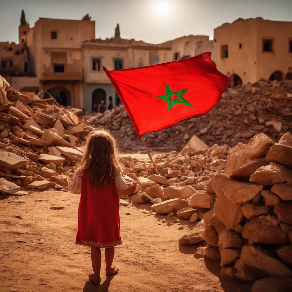 Morocco earthquake view, one little girl from behind holding red Moroccan flag looking at rubble and destruction, somber, hope, sunrays, (masterpiece:1.1) (best quality) (detailed) (intricate) (8k) (HDR) (cinematic lighting) (sharp focus:1.1) small green pentacle