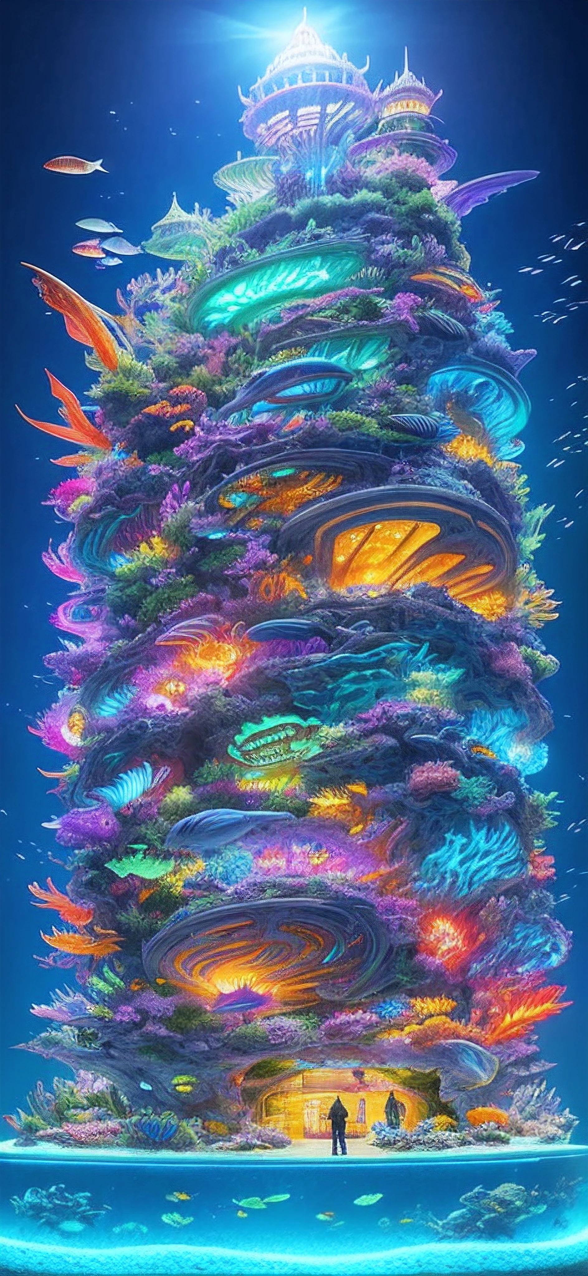 Epic fantasy concept, Modern transparent building at night,It is a huge aquarium containing marine life, Nice colorful light decoration, Wide shot, 8k 辛烷值渲染, Photorealistic, Cinematic lighting, detailed building, Detailed fish