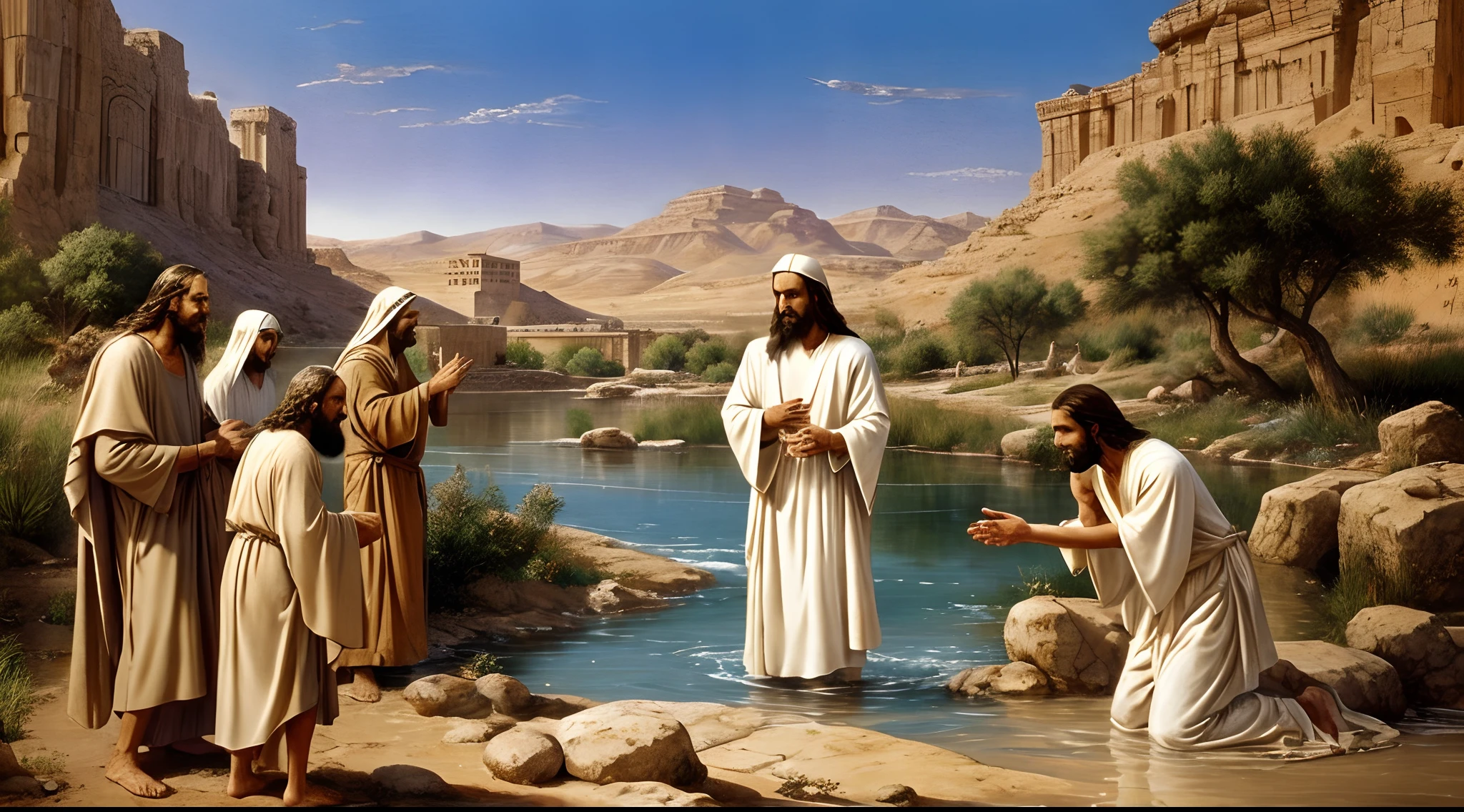 there is an old biblical elder wearing a beige robe baptizing Jesus Christ in an epic image detailed at the age of twenty-five in the Jordan River, Perfect face wearing a white tunic, Detailed biblical image. Detailed and epic image from the biblical film, Scenery of the Biblical River.