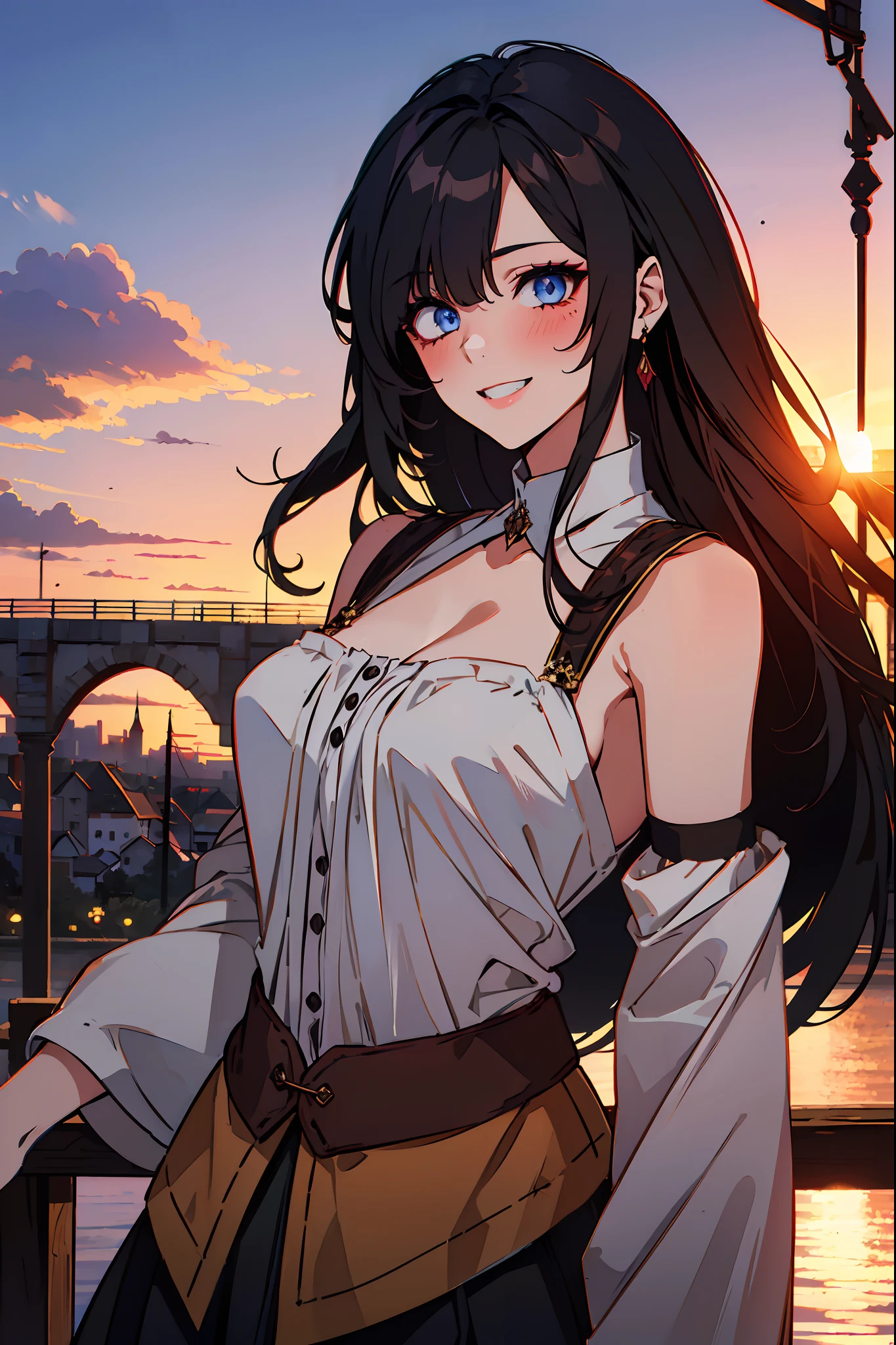 ((one girl)), dark blue eyes, (((same eyes, same eye style))), long hair, A beautiful girl is on the road, 25 years old, masterpiece, highest quality, blue shirt, cleavage, shoulders exposed, white mini skirt, big breasts, portrait, (high quality :1.5), black hair, (((happy)), blush, Tall body, outdoors, (((medieval era, village))), laugh, ((high resolution)), ((sunset in the back)), ((bridge)), mature face