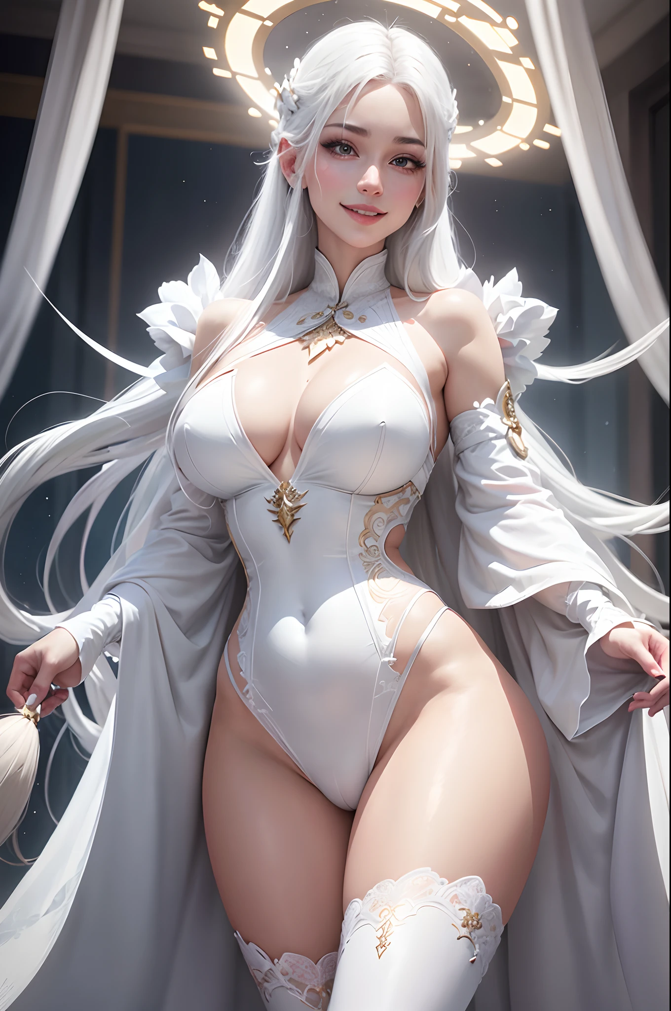 a white female with white hair surrounded by white halo, in the style of vray tracing, exquisite clothing detail, light sky-blue and light gold, gongbi, strong emotional impact, romanticized figures, hiper sexualizado, hiper seductor, Sensualidad plena, Cameltoe expuesto, Pezones erectos expuestos, hyper thick lips, full kinky smile,