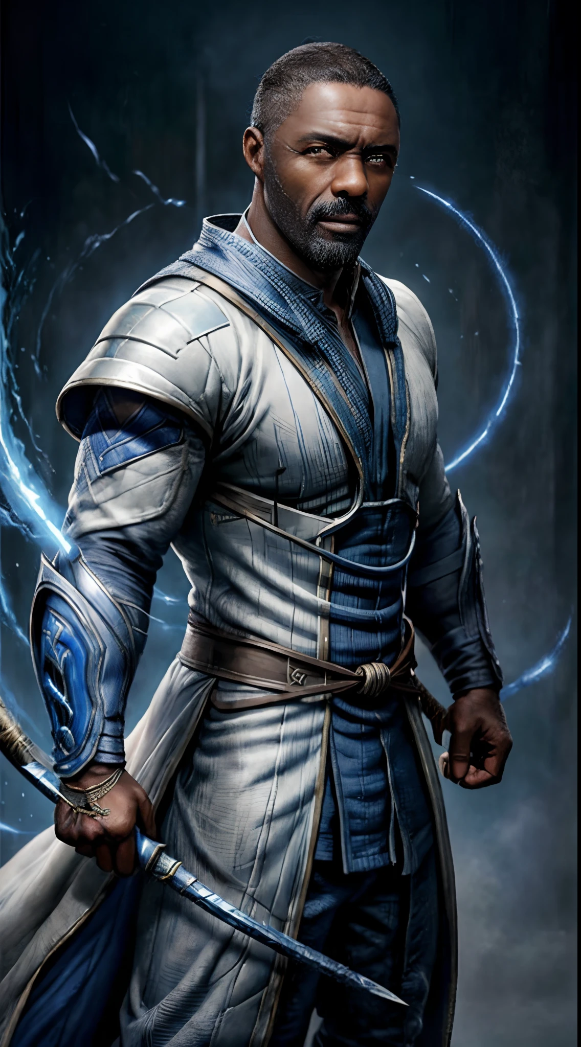 actor ((Idris Elba)) as Raiden, Mortal Kombat, wears white robe, a vietnamese hat, glowing blue eyes, wields staff, God of Thunder, protector of Earthrealm, intricate, high detail, sharp focus, dramatic, photorealistic painting art by greg rutkowski