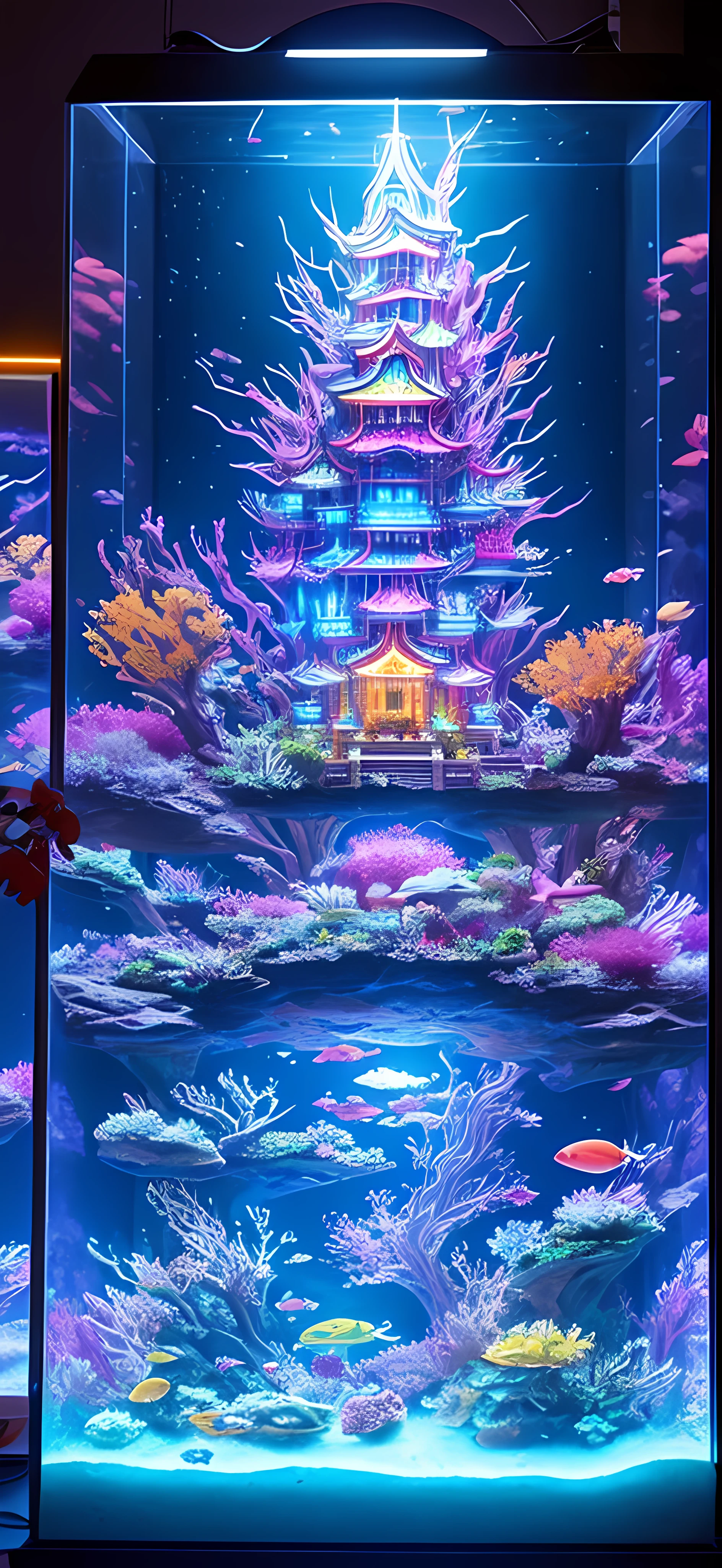 Epic fantasy concept, Modern transparent building at night,It is a huge aquarium containing marine life, Nice colorful light decoration, Wide shot, 8k 辛烷值渲染, Photorealistic, Cinematic lighting, detailed building, Detailed fish