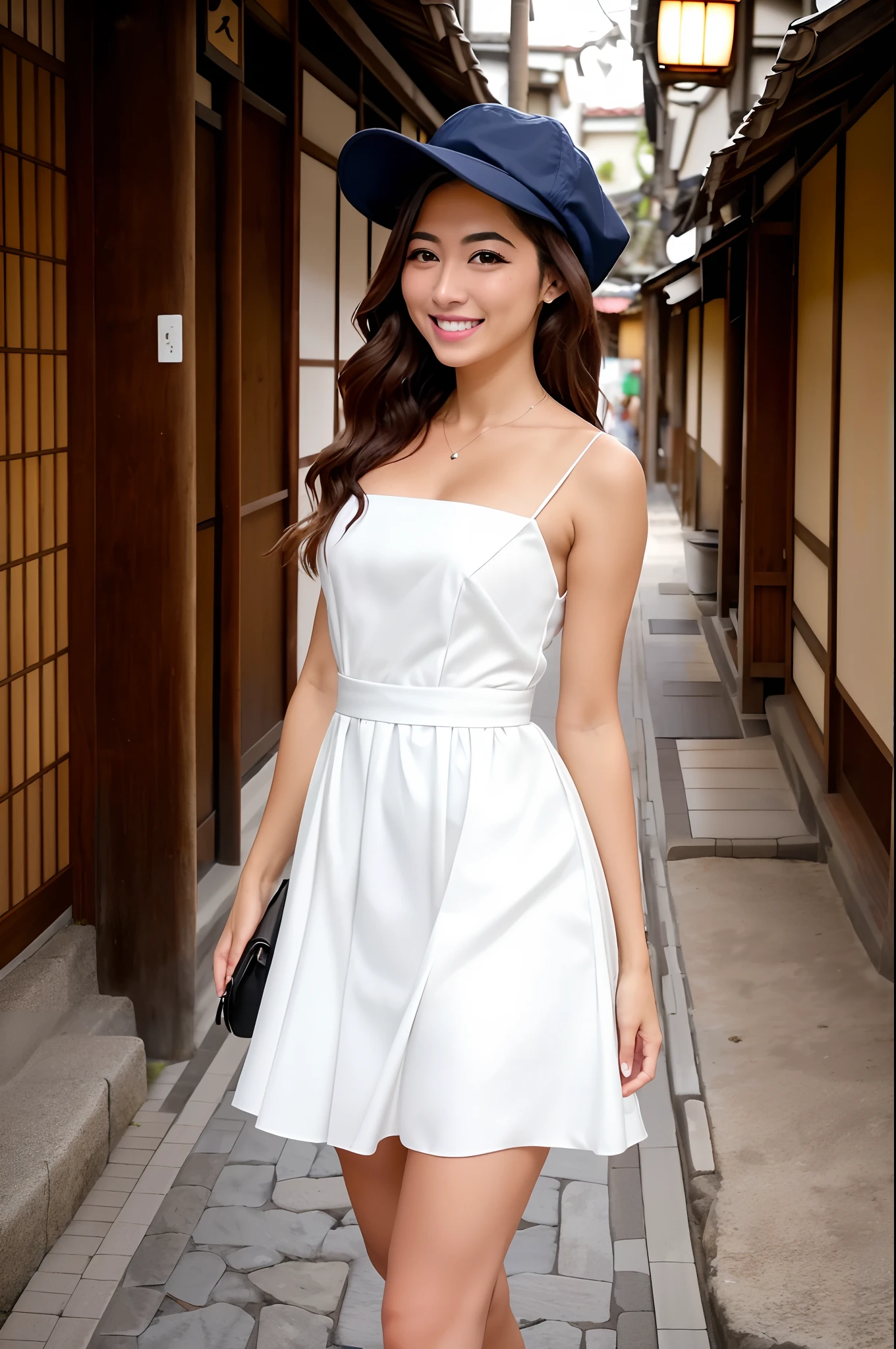 Chica, sonrisa, cabello negro, caminando, gorra blanca, vestido rojo, japon, noche, manos arriba,