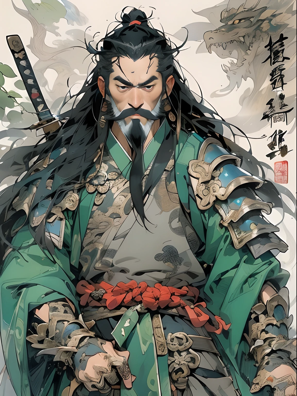 (((China-style，Ink painting method，Half-length portrait，Intense color，Han dynasty, China，Hanfu，Armor，Guan yu，Guan Yunchang，of a guy，Ruddy killing square face，Hold the Blue Dragon Moon Knife in his right hand，Stroke your beard with your left hand，Long hair，petty eyes，Green robe))), (((best qualityer))), (((tmasterpiece))), (((AS-Adult))), ((( Japanese ))), Look up from your knees, Handsome Asian samurai，perfect body figure, Modern samurai, ((( Asian))), Wear gloves on your hands，The left arm is made of steel and metal tips，Made of protective devices, The eyes are pulled, (( Appears below the chest )), (( Small dental floss )), Simon Bisley, Almost naked（Simon Bisley）Castle City Wilderness，For high-resolution posters, hair straight, Minimum clothing, armure (Crazy clothes ), Full of tips and rivets, tribal tattoos, (((full bodyesbian))), Straight brunette hair，Colored hair ends