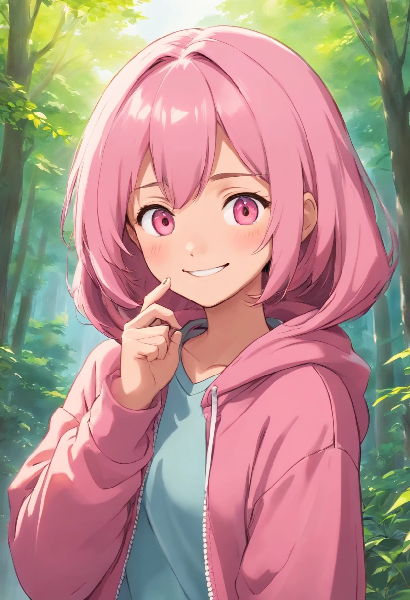 One girl in anime、20 years girl、wearing hoodies、boyish、A pink-haired、A smile、Closing one eye、Happy look、Vibrant poses