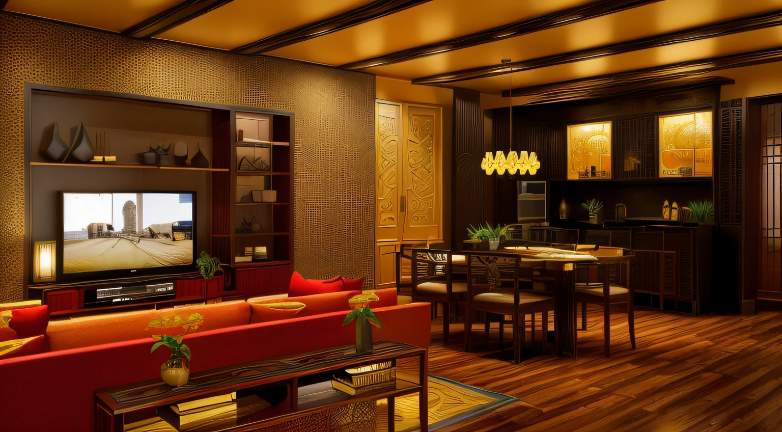 there is a living room with a tv on the wall, interior living room, asian interior decoration, colonial style, (((indochine style))), black wood, highly detailed interior, elegant and extremely ornamental, living room interior design, living room, rendered in 3 dsmax, elegant and ornate, ornate retreat, interior design living room, 1 9 2 0 s room, art deco interior