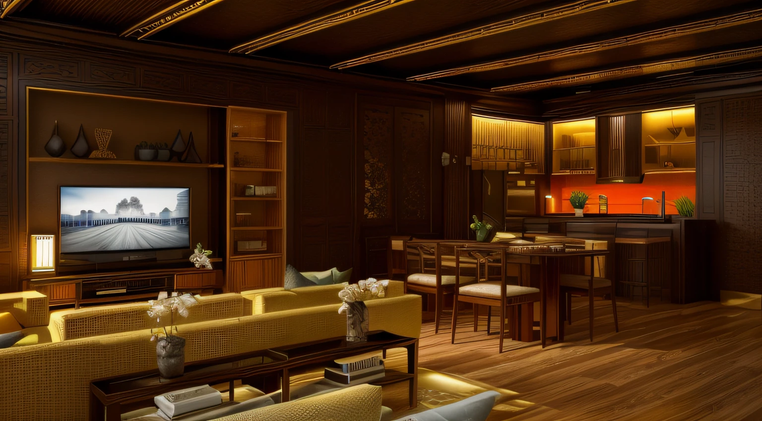there is a living room with a tv on the wall, interior living room, asian interior decoration, colonial style, (((indochine style))), black wood, highly detailed interior, elegant and extremely ornamental, living room interior design, living room, rendered in 3 dsmax, elegant and ornate, ornate retreat, interior design living room, 1 9 2 0 s room, art deco interior
