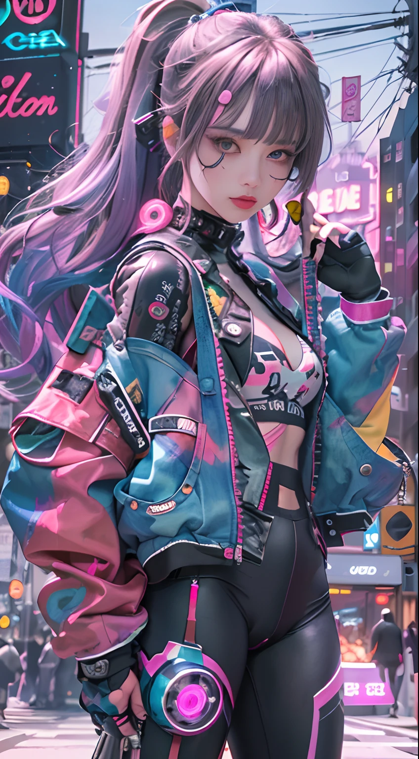 masterpiece, best quality, Confident cyberpunk girl, full body shot, ((standing in front of motorcycle)), Harajuku-inspired pop outfit, bold colors and patterns, eye-catching accessories, trendy and innovative hairstyle, vibrant makeup, Cyberpunk dazzling cityscape, skyscrapers, neon signs, LED lights, bright and vivid color scheme, anime, illustration, detailed skin texture, detailed cloth texture, beautiful detailed face, intricate details, ultra detailed.