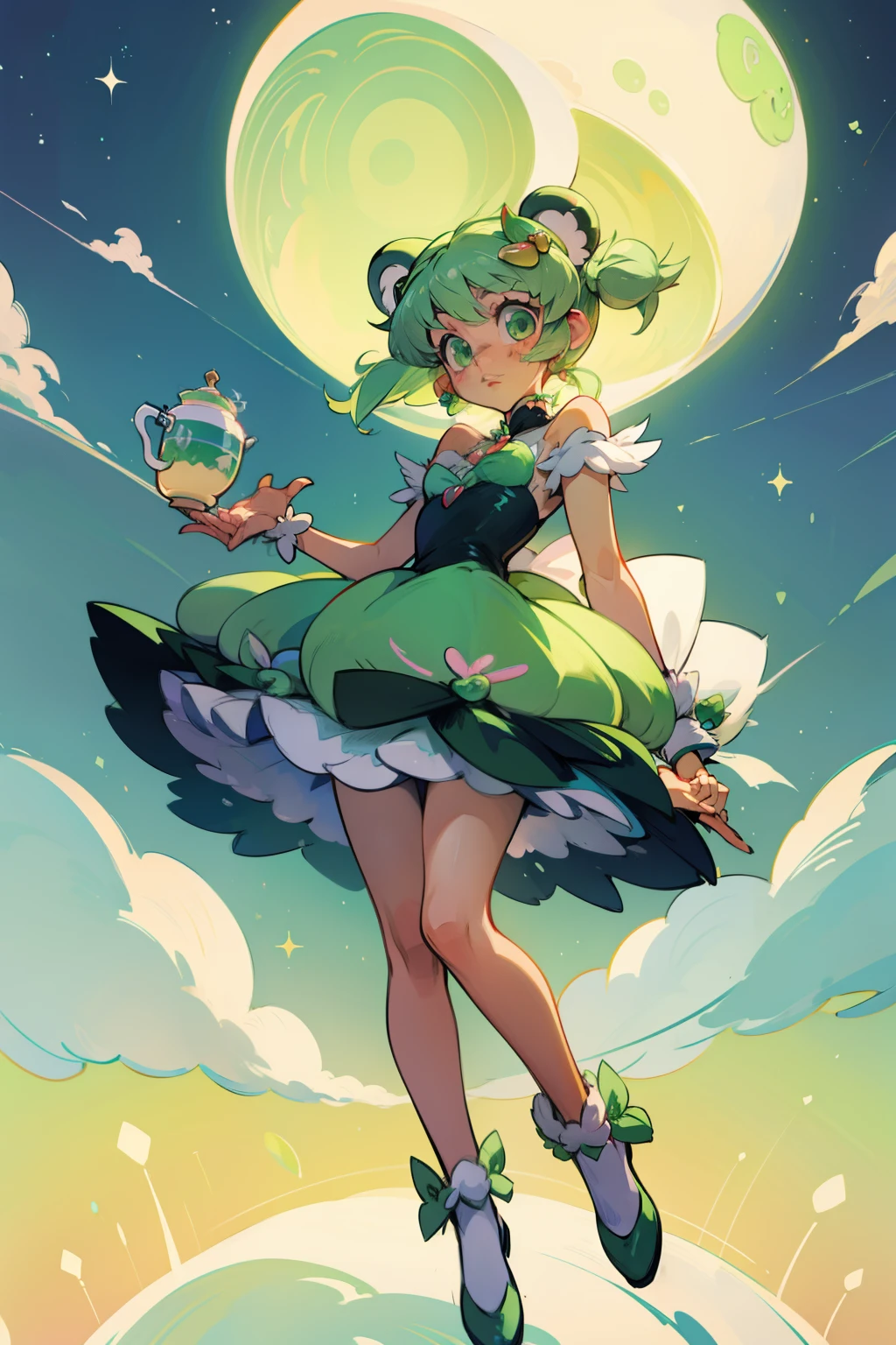 Pastel mint green themed magical girl, fluffy dress, tokyo mew mew style, full body, dynamic, in the sky, tea green long crocodile tail, bear ear hair clips, many bows,