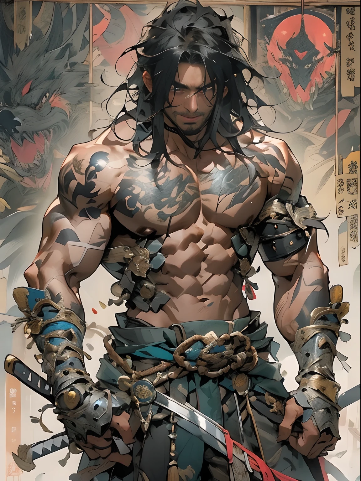 (((mtu))), (((best qualityer))), (((tmasterpiece))), (((AS-Adult))), ((( Japanese ))), Look up from your knees, Handsome Asian samurai,perfect body figure, Modern samurai, ((( Asian))), Wear gloves on your hands,The left arm is made of steel and metal tips,Made of protective devices, The eyes are pulled, (( Appears below the chest )), (( Small dental floss )), Simon Bisley, Almost naked(Simon Bisley)Castle City Wilderness,For high-resolution posters, hair straight, Minimum clothing, armure (Crazy clothes ), Full of tips and rivets, tribal tattoos, (((full bodyesbian))), Straight brunette hair,Colored hair ends