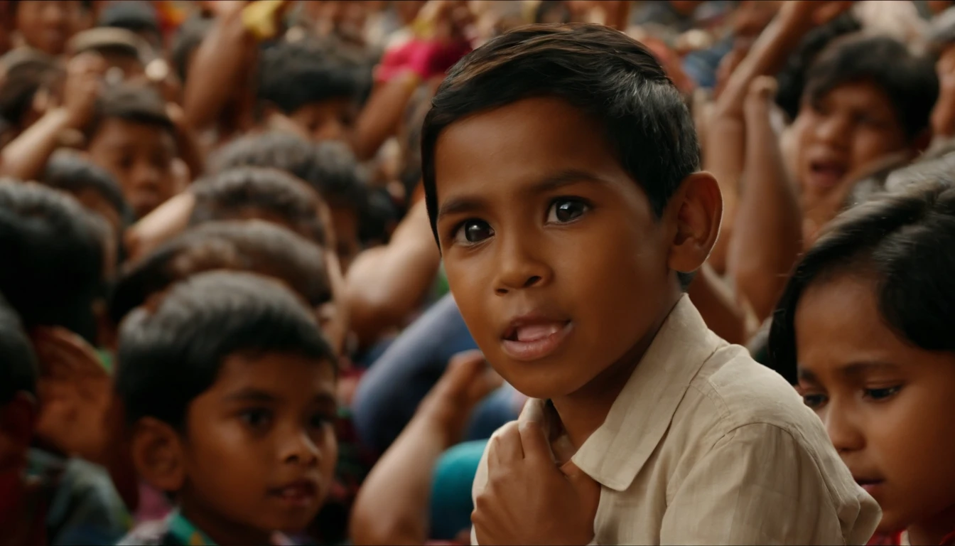 A young Indonesian boy is speaking in front of a crowd, HD quality, High resolution, lots of people watching