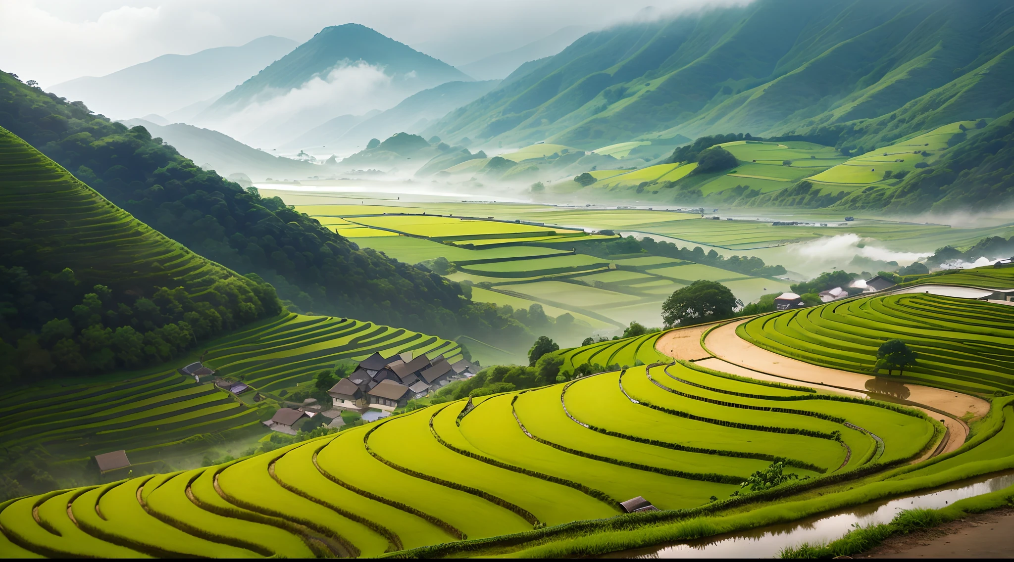 Large expanses of terraced fields, mountains, huts, with rice fields, rice fields, neat rice seedlings in the fields, misty rain, villages, agriculture, in the tranquil landscape, misty weather, in the vast tranquil landscape, in the early morning, in the morning mist, behind a small village, mist, Japanese countryside, thatched roofs --v 6