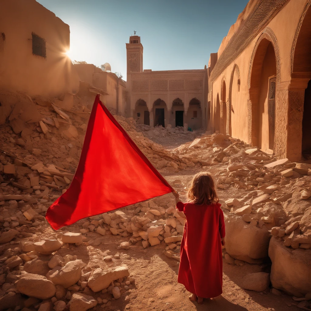 Morocco earthquake view, one little girl from behind holding red Moroccan flag looking at rubble and destruction, somber, hope, sunrays, (masterpiece:1.1) (best quality) (detailed) (intricate) (8k) (HDR) (cinematic lighting) (sharp focus:1.1) green small pentacle