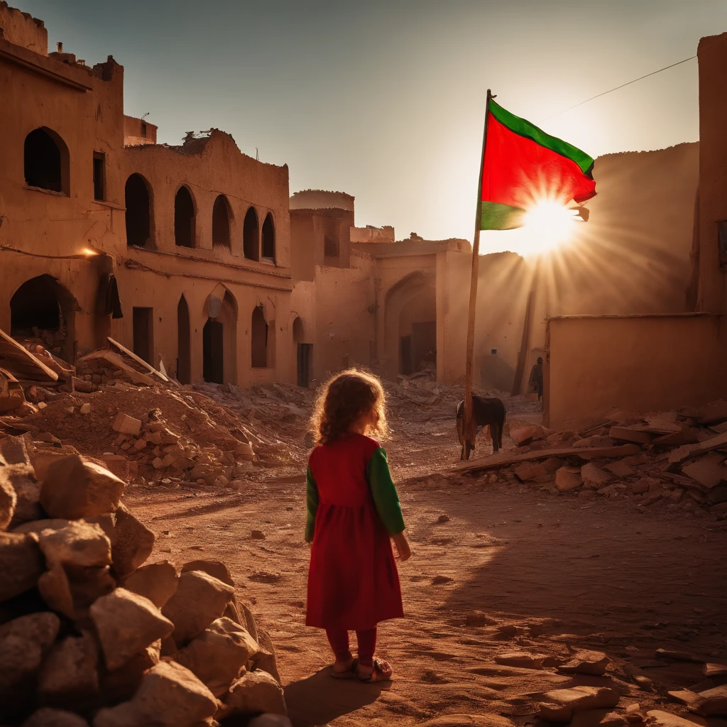 Morocco earthquake view, one little girl from behind holding red Moroccan flag looking at rubble and destruction, somber, hope, sunrays, (masterpiece:1.1) (best quality) (detailed) (intricate) (8k) (HDR) (cinematic lighting) (sharp focus:1.1) green small pentacle