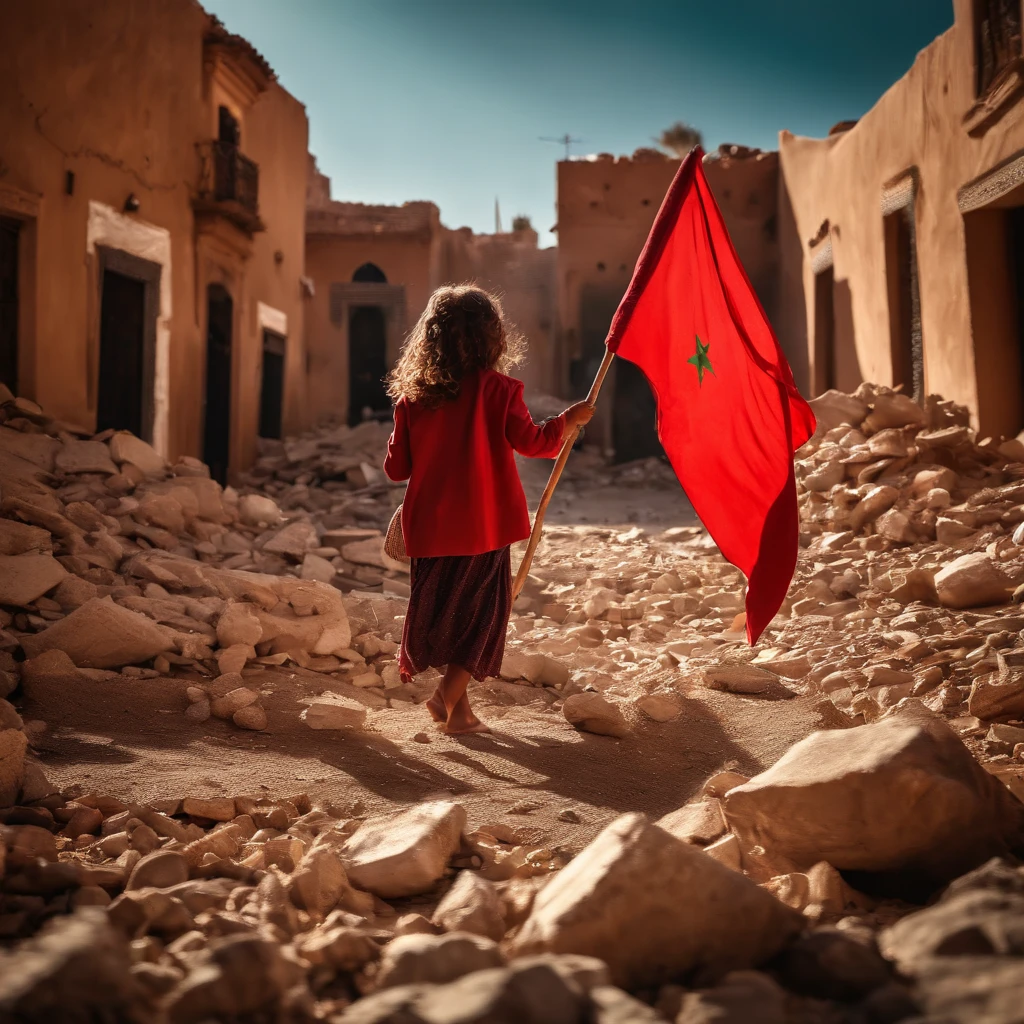 Morocco earthquake view, one  from behind holding red Moroccan flag looking at rubble and destruction, somber, hope, sunrays, (masterpiece:1.1) (best quality) (detailed) (intricate) (8k) (HDR) (cinematic lighting) (sharp focus:1.1) green small pentacle