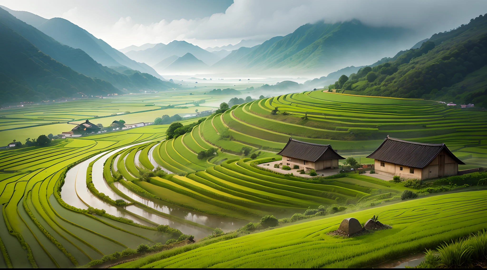 Large expanses of terraced fields, mountains, huts, with rice fields, rice fields, neat rice seedlings in the fields, misty rain, villages, agriculture, in the tranquil landscape, misty weather, in the vast tranquil landscape, in the early morning, in the morning mist, behind a small village, mist, Japanese countryside, thatched roofs --v 6