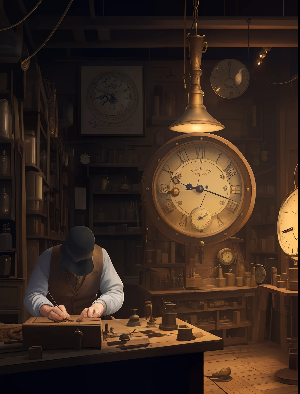 Create an illustration set in an old watch repair shop, Where to find skilled watchologists, An old man with the dignified aura of a veteran watchmaker, Work with great care on the watch. The scene is warm, The nostalgic glow of antique lamps, Create a dreamy and enchanting atmosphere. Various clocks and gears are scattered on the workbench, Each tells its own story of a bygone time. Watchologist's hand, Aged by years of craftsmanship, Work with precision and expertise, Capture moments of dedication and artistry. This serene scene is、Captures the essence of nostalgia and the beauty of preserving the past through the art of watch repair.