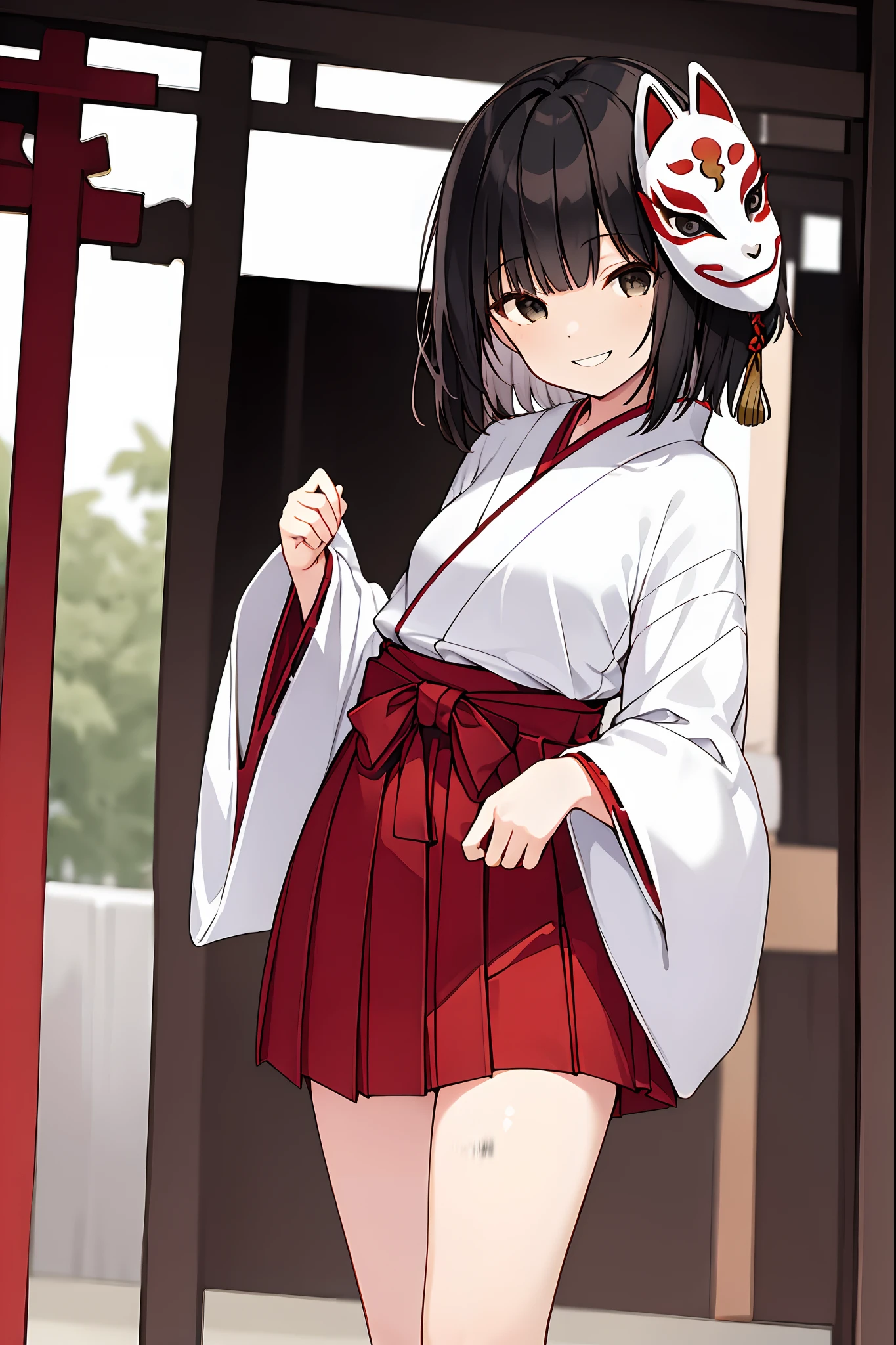 1girl, short black hair girl with black eyes, smiling, wearing yaokaimask, wearing kitsune mask, (miko outfit), ((red short hakama skirt)), white socks, miko girl, (li), small boobs, temple background, sunset