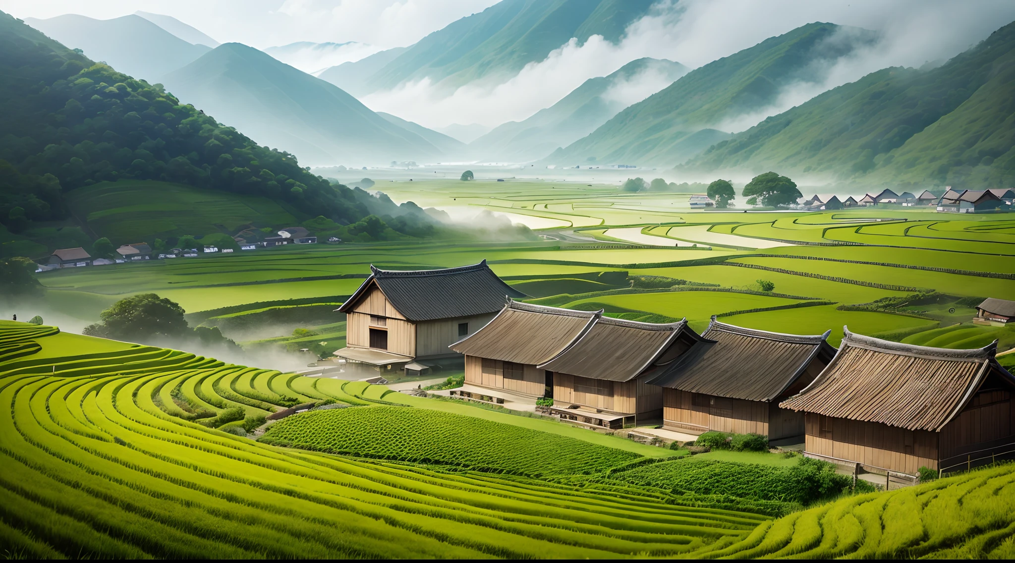 Large expanses of terraced fields, mountains, huts, with rice fields, rice fields, neat rice seedlings in the fields, misty rain, villages, agriculture, in the tranquil landscape, misty weather, in the vast tranquil landscape, in the early morning, in the morning mist, behind a small village, mist, Japanese countryside, thatched roofs --v 6
