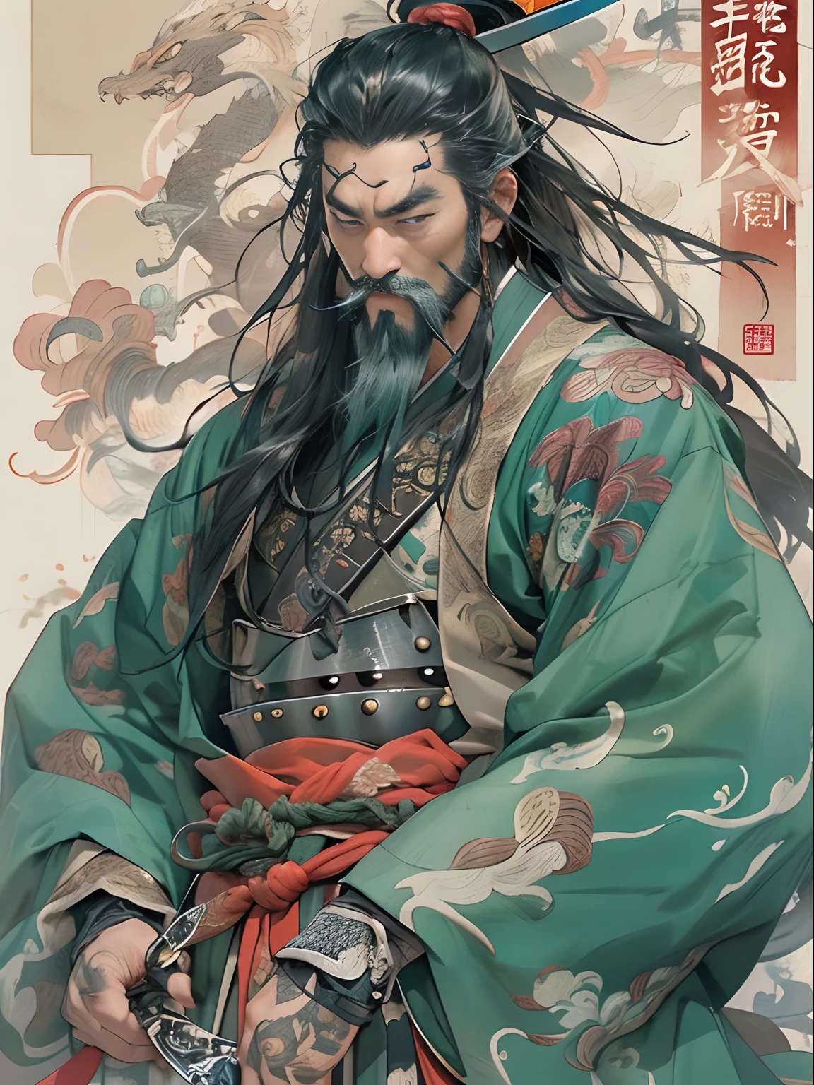 (((China-style，Ink painting method，Half-length portrait，Intense color，Han dynasty, China，Hanfu，Armor，Guan yu，Guan Yunchang，of a guy，Ruddy killing square face，Hold the Blue Dragon Moon Knife in his right hand，Stroke your beard with your left hand，Long hair，petty eyes，Green robe))), (((best qualityer))), (((tmasterpiece))), (((AS-Adult))), ((( Japanese ))), Look up from your knees, Handsome Asian samurai，perfect body figure, Modern samurai, ((( Asian))), Wear gloves on your hands，The left arm is made of steel and metal tips，Made of protective devices, The eyes are pulled, (( Appears below the chest )), (( Small dental floss )), Simon Bisley, Almost naked（Simon Bisley）Castle City Wilderness，For high-resolution posters, hair straight, Minimum clothing, armure (Crazy clothes ), Full of tips and rivets, tribal tattoos, (((full bodyesbian))), Straight brunette hair，Colored hair ends