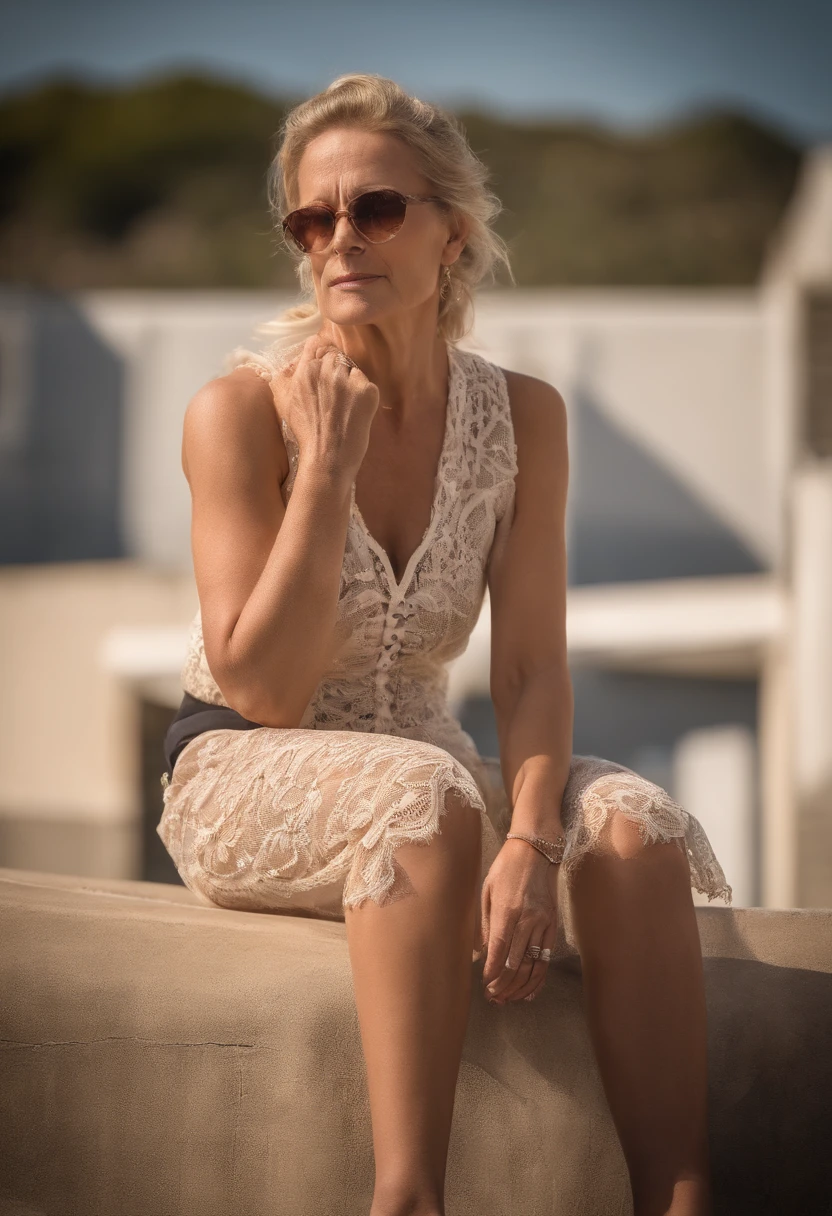 Masterpiece, full body image, a tall, average-heavy build, regular looking middle aged woman, 36 years old, arms crossed, (breasts about to burst out), (comfortable lace shorts, tight blouse ), (blonde hair), (ponytail hairstyle), outside, (skin texture:1.1), best quality, ultra high res, Raw photo, Nikon D850, sunlight, (color photo), standing outside a school. Viewed from an angle. Detailed face, wrinkles around the eyes.