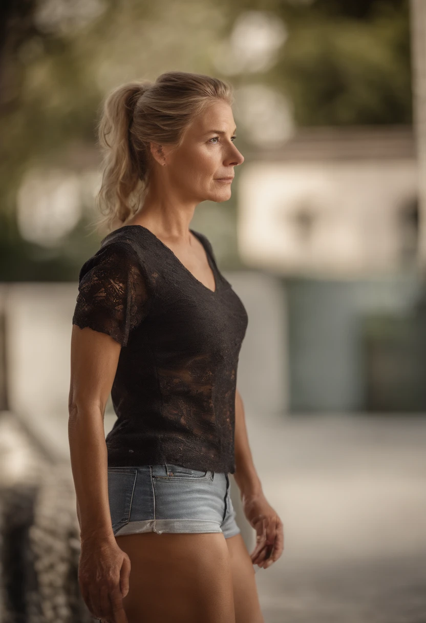 Masterpiece, full body image, a tall, average-heavy build, regular looking middle aged woman, 36 years old, arms crossed, (breasts about to burst out), (comfortable lace shorts, tight blouse ), (blonde hair), (ponytail hairstyle), outside, (skin texture:1.1), best quality, ultra high res, Raw photo, Nikon D850, sunlight,  (color photo), standing outside a school. Viewed from an angle. Detailed face, wrinkles around the eyes.