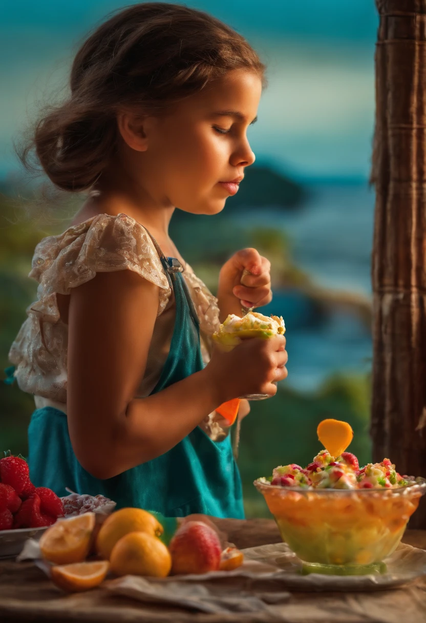 Menininha de mostrando o peito e comendo um sorvete