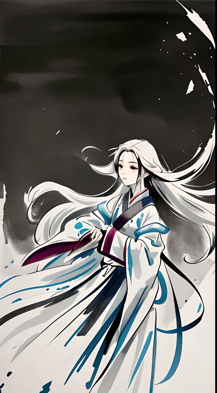 zydink， Mono Color， Ink sketch， 1girll， Asian people （shoun）， Combat posture， looking at viewert， long whitr hair， Floating hair， Hanfu， Chinese clothes， longer sleeves， （abstract ink splash：1.2）， white backgrounid