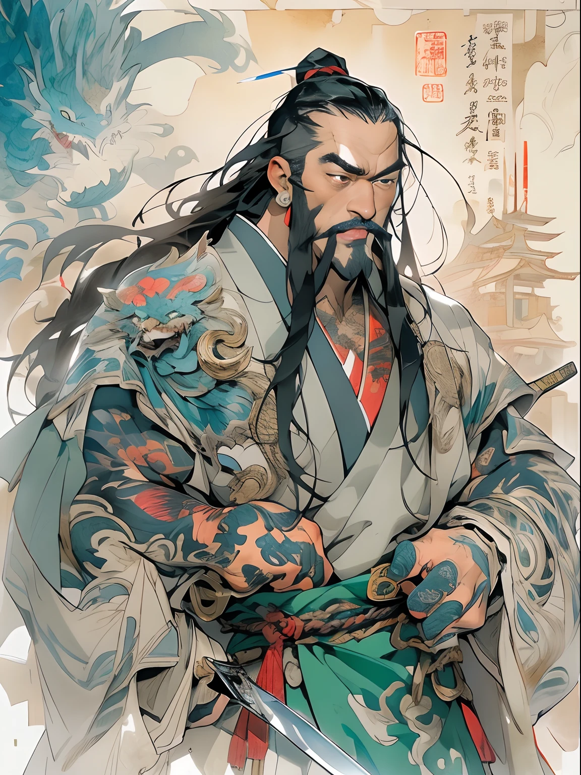 (((China-style，Ink painting method，Half-length portrait，Intense color，Han dynasty, China，Hanfu，Armor，Guan yu，Guan Yunchang，of a guy，Ruddy killing square face，Hold the Blue Dragon Moon Knife in his right hand，Stroke your beard with your left hand，Long hair，petty eyes，Green robe))), (((best qualityer))), (((tmasterpiece))), (((AS-Adult))), ((( Japanese ))), Look up from your knees, Handsome Asian samurai，perfect body figure, Modern samurai, ((( Asian))), Wear gloves on your hands，The left arm is made of steel and metal tips，Made of protective devices, The eyes are pulled, (( Appears below the chest )), (( Small dental floss )), Simon Bisley, Almost naked（Simon Bisley）Castle City Wilderness，For high-resolution posters, hair straight, Minimum clothing, armure (Crazy clothes ), Full of tips and rivets, tribal tattoos, (((full bodyesbian))), Straight brunette hair，Colored hair ends