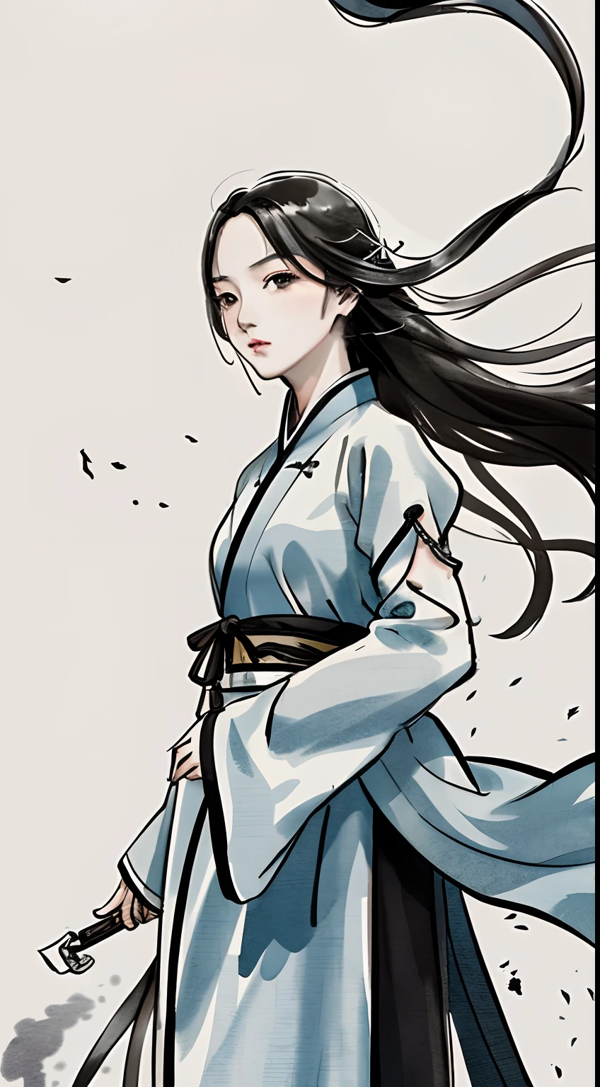 zydink, Mono Color, Ink sketch, 1girll, Asian people (shoun), Combat posture, looking at viewert, long whitr hair, Floating hair, Hanfu, Chinese clothes, longer sleeves, (abstract ink splash:1.2), white backgrounid