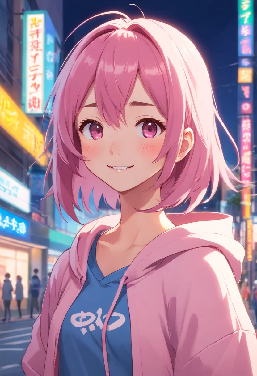 One girl in anime、20 years girl、wearing hoodies、boyish、A pink-haired、A smile、Closing one eye、Happy look、Vibrant poses