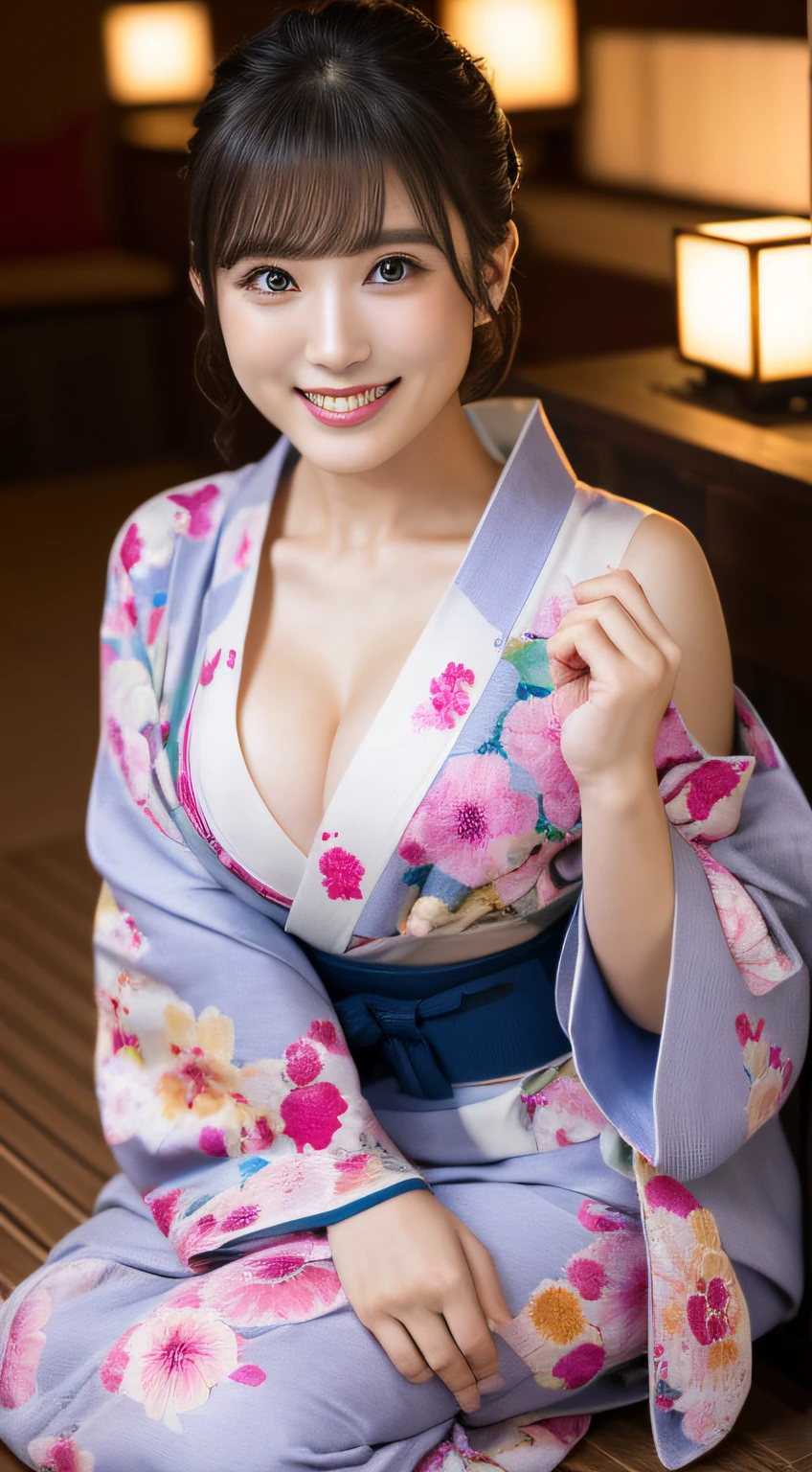 (8K、Raw photography、top-quality、​masterpiece:1.2)、(reallistic、Photorealsitic:1.37)、The ultra -The high-definition、1 girl in、cute little、独奏、natta、Sitting、date、(Nasal redness)、(A smile:1.1)、Colossal tits、beautidful eyes、(short-hair:1.2)、(((Fireworks in the sky、natta)))、(((Kimono、Yukata)))、cleavage on the chest、perfect bodies、Perfect fingers、profetional lighting、goddess of Japan、gravure、Detailed face and skin texture、A detailed eye、Raw photo,sexypose,The chest is visible,Shoulders are visible,off shoulders,Take off your yukata,Sitting on the floor