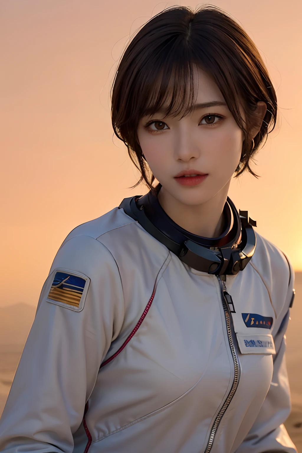 top-quality、​masterpiece、超A high resolution、(realisitic:1.4)、Beautuful Women１、Beautiful detail eyes and skin、ssmile、Light brown short-cut hair、The perfect spacesuit、spaceships、Mysterious planet、Red sky、sandstorm、