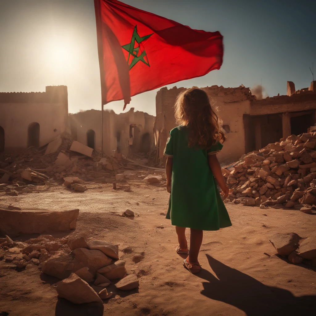 Morocco earthquake view, one from behind waving red Moroccan flag looking at rubble and destruction, somber, hope, sunrays, (masterpiece:1.1) (best quality) (detailed) (intricate) (8k) (HDR) (cinematic lighting) (sharp focus:1.1) green small pentacle