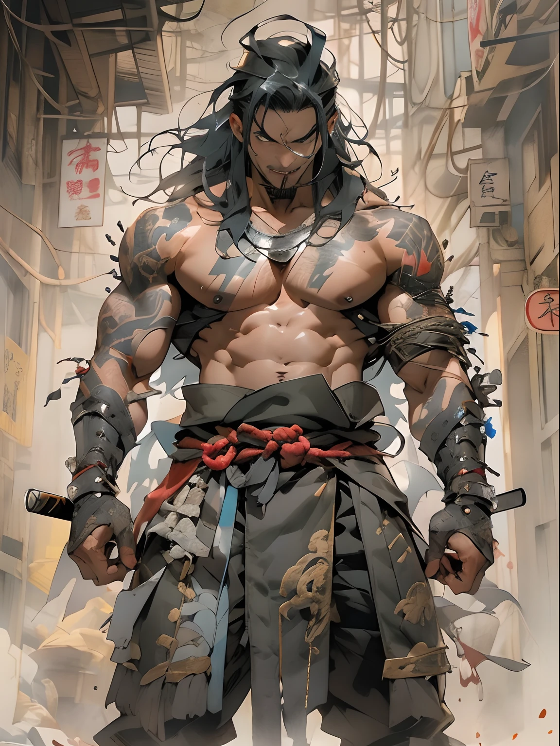 (((mtu))), (((best qualityer))), (((tmasterpiece))), (((AS-Adult))), ((( Japanese ))), Look up from your knees, Handsome Asian samurai,perfect body figure, Modern samurai, ((( Asian))), Wear gloves on your hands,The left arm is made of steel and metal tips,Made of protective devices, The eyes are pulled, (( Appears below the chest )), (( Small dental floss )), Simon Bisley, Almost naked(Simon Bisley)Castle City Wilderness,For high-resolution posters, hair straight, Minimum clothing, armure (Crazy clothes ), Full of tips and rivets, tribal tattoos, (((full bodyesbian))), Straight brunette hair,Colored hair ends