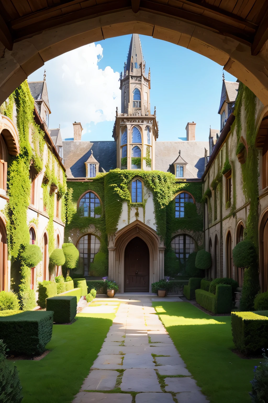 A huge medieval mannor with a large french garden and a gothic greenhouse in the backyard