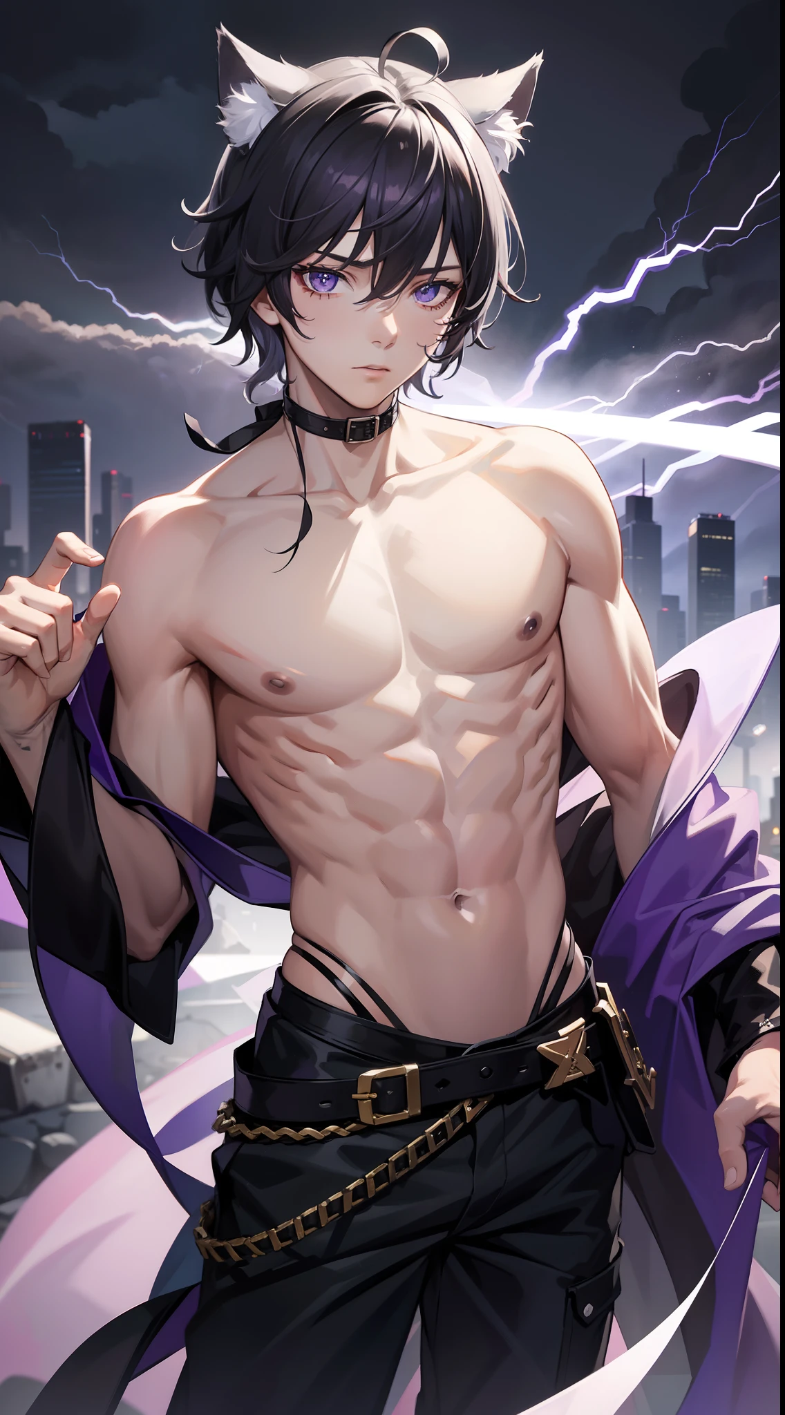 young boy, Gray tousled hair, violet eyes, cat ears, Lots of scars, Lots of lightning strikes, open torso, Body straps, Sleeveless, white kimono, Masterpiece, hiquality, high detail, HD, 4k