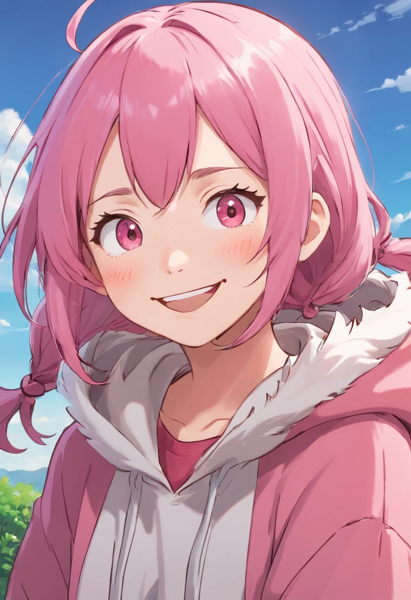 One girl in anime、Cheerful 20 year old girl、wearing hoodies、boyish、A pink-haired、A smile、Closing one eye、Happy look、Vibrant poses