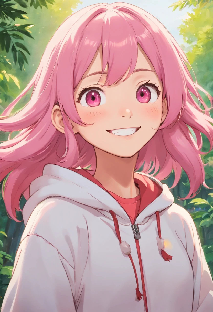 One girl in anime、Cheerful 20 year old girl、wearing hoodies、boyish、A pink-haired、A smile、Closing one eye、Happy look、Vibrant poses