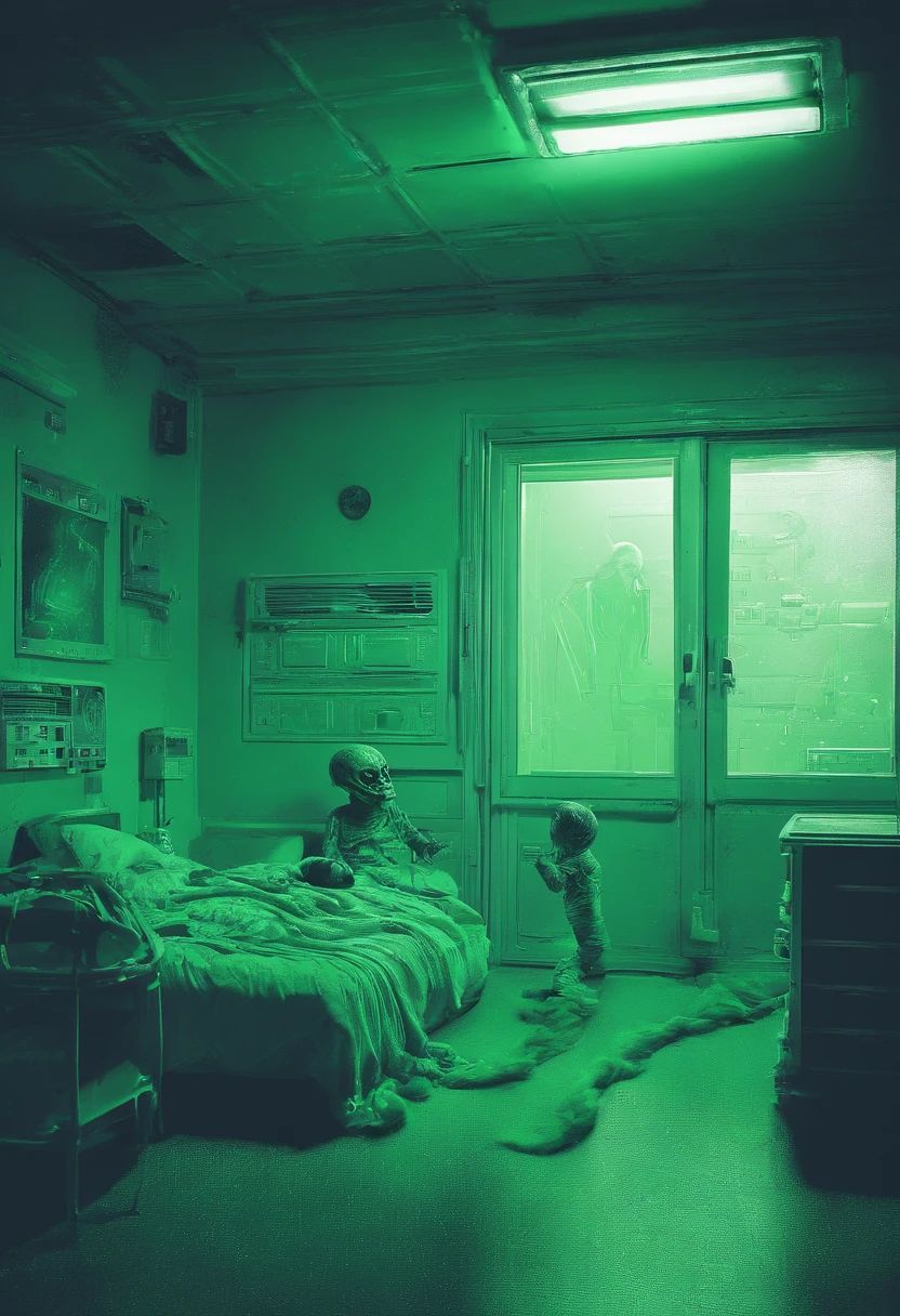 gritty surveillance-style footage in green-tinted night vision, capturing a realistic gray alien abducting a sleeping from a bedroom; mimic the look of a low-quality security or baby-tor camera with a digital timestamp