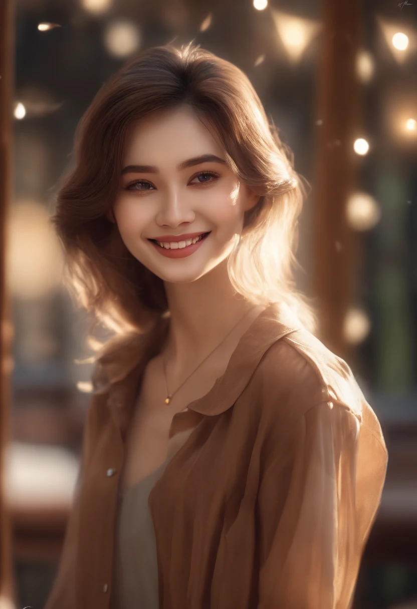 1girl in(((Laughing)))，Solo，Reach a higher mood:1.３, short  cut、masutepiece、The bottom is randomly generated、（ Cucumber illustration print shirt ）、Brown and thick hair、Red GI cutout、fled、Background bokeh:1.5，Dingdall effect，rays of sunshine，(RAW photo:1.2),((Photorealistic:1.4))Best quality ,masutepiece, illustration, Extremely Delicately Beautiful, Extremely detailed  ,Unity ,8K wallpaper, finedetail, Best quality,Highly detailed ticker big unity 8k wallpaper,absurderes, unbelievable Ridiculous, hugefilesize, Ultra-detailed, A high resolution, Extremely detailed,Beautiful detailed , extremely detailed eye and face, Beautiful detailed eyes,