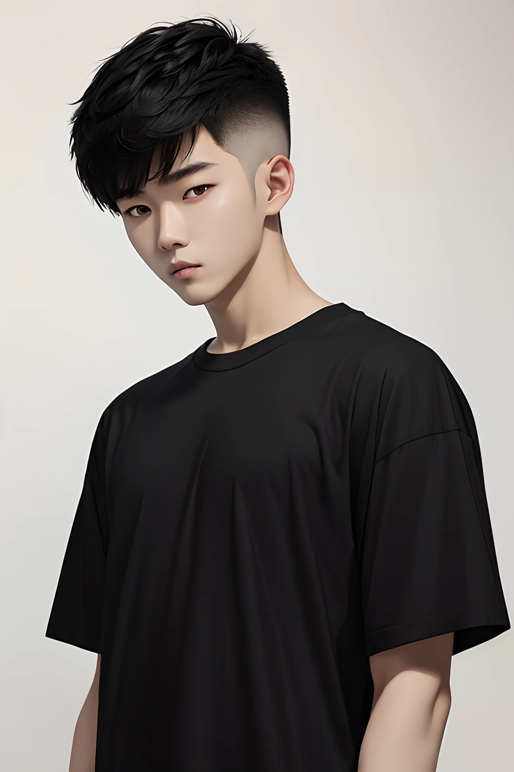 A 20 years old korean guy wearing a white cotton t shirt, sidecut haircut, black hair, tapered side haircut, short wolfcut, white background studio, anime style, fashion photo, stand pose, oversized black t shirt, perfect anatomy, one person, high detailed hair, looking at camera, slim korean