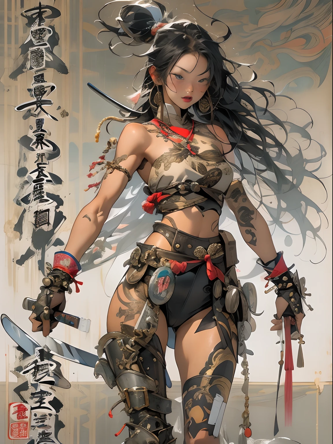 (((mtu))), (((best qualityer))), (((tmasterpiece))), (((AS-Adult))), ((( Japanese ))), Look up from your knees, Handsome Asian samurai,perfect body figure, Modern samurai, ((( Asian))), Wear gloves on your hands,The left arm is made of steel and metal tips,Made of protective devices, The eyes are pulled, (( Appears below the chest )), (( Small dental floss )), Simon Bisley, Almost naked(Simon Bisley)Castle City Wilderness,For high-resolution posters, hair straight, Minimum clothing, armure (Crazy clothes ), Full of tips and rivets, tribal tattoos, (((full bodyesbian))), Straight brunette hair,Colored hair ends