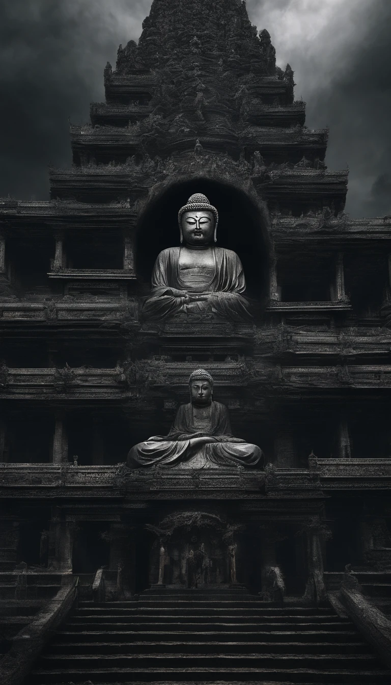 Masterpiece, Best quality, offcial art, 8K wallpaper, Very detailed, A hideous Buddha statue,A huge tall Buddha statue in the distance,Pilgrims on the road