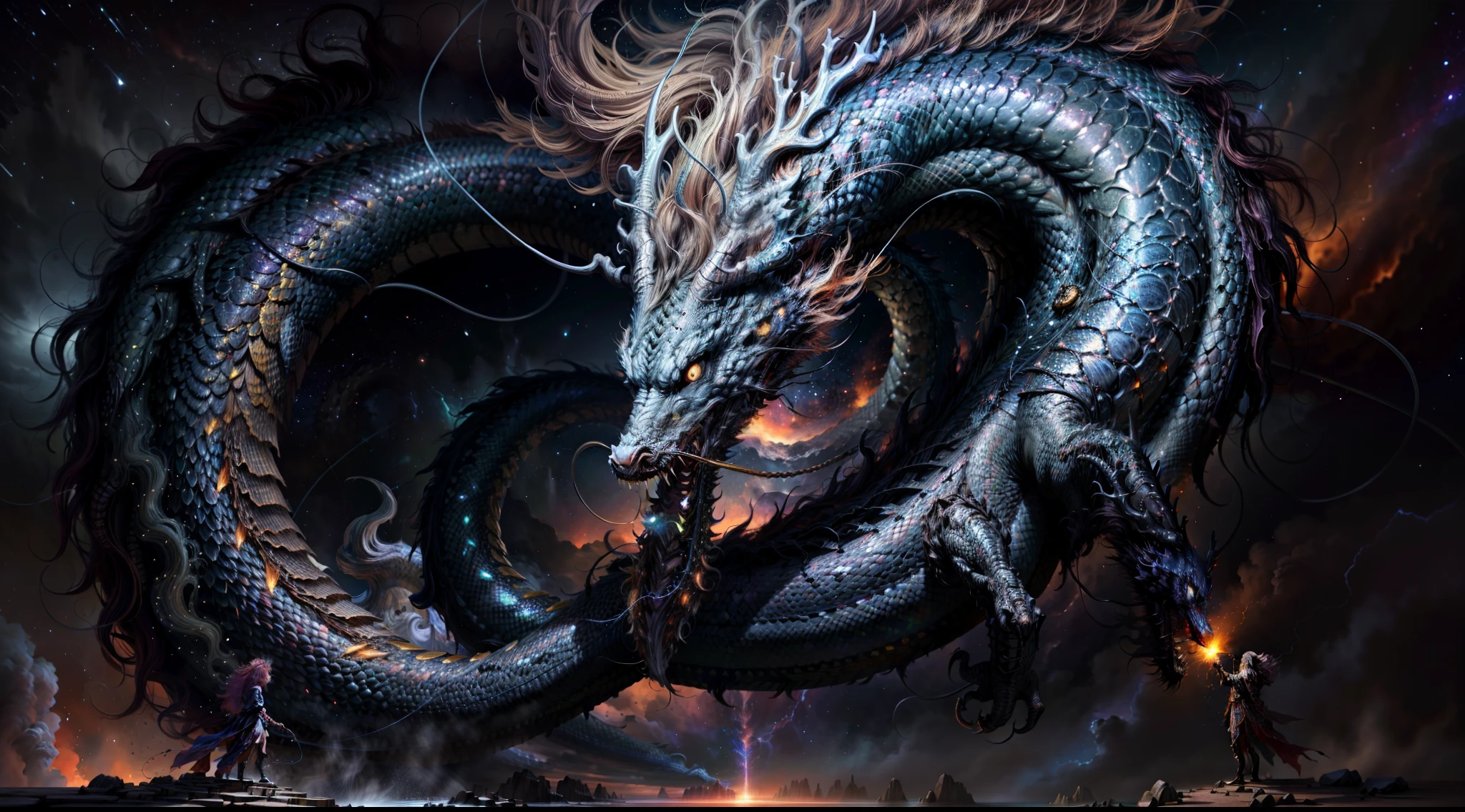 In a dimension where stars collide, the legendary Orochi serpent emerges as an embodiment of heavenly fury. His body is a symphony of radiant colors, Reflejando el nacimiento de las estrellas. His eyes shine with cosmic fire, and tendrils of energy arch around its shape like an ethereal ray.. La presencia de la serpiente causa asombro y temor, ya que aprovecha el poder del cosmos mismo, In the midst of a cosmic maelstrom, Donde las galaxias giran en espiral y las estrellas explotan, La serpiente reina suprema, epopeya, cataclysmic, y trascendente, Evocando el poder de las fuerzas celestiales.estilo: Ultra-realistic digital painting with intricate details and dynamic color interplay.Execution: Renderizado en un estilo hiperrealista, Using advanced digital techniques to capture the complex interstellar environment and celestial energy of the snake,